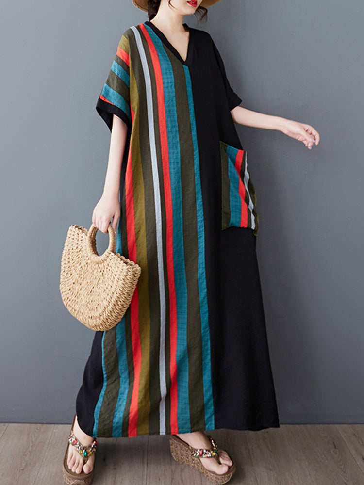 XITAO Stripe Patchwork V-neck Dress Half Sleeve A-line Asymmetrical Casual Loose Fitting Simple Women Dress ZMY1118