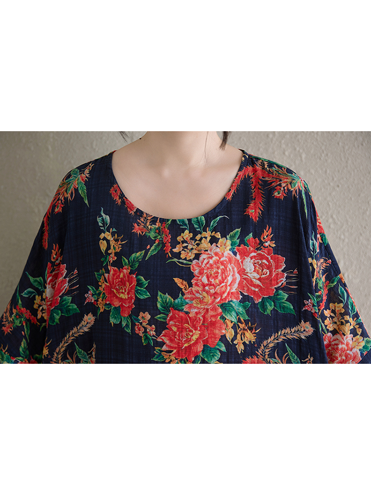 XITAO Pleated Print Flower Dress Half Sleeve A-line O-neck Casual Loose Fitting Sweet Simple All Match Women Dress ZMY1125