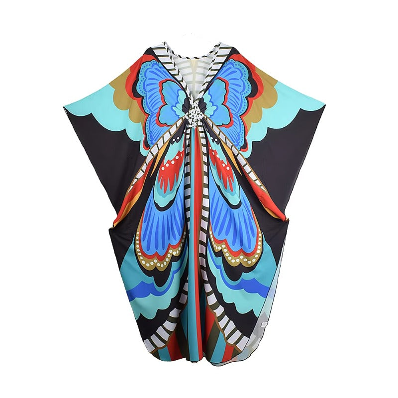 XITAO Butterfly Print V-neck Loose Dress Contrast Bat Wing Sleeve Casual Temperament Summer Woman Ankle-length Dress GJ1153