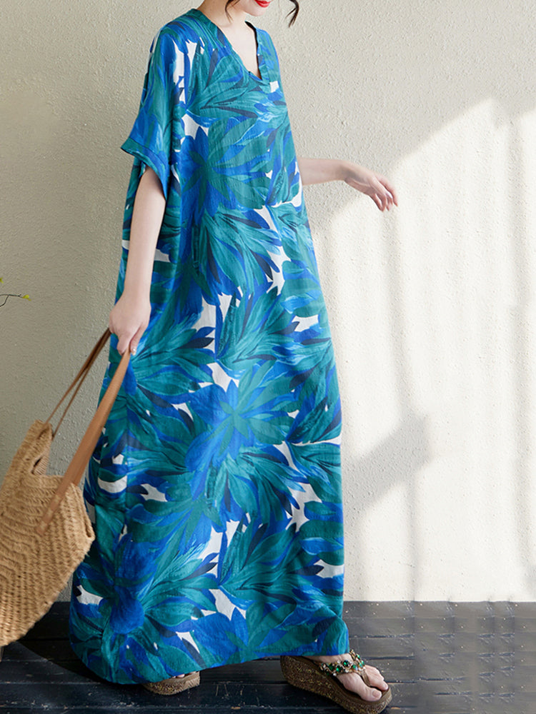 XITAO Print V-neck Dress Simple Casual Loose A-line Long Style Pullover Elegant Summer Female Dress ZMY1122