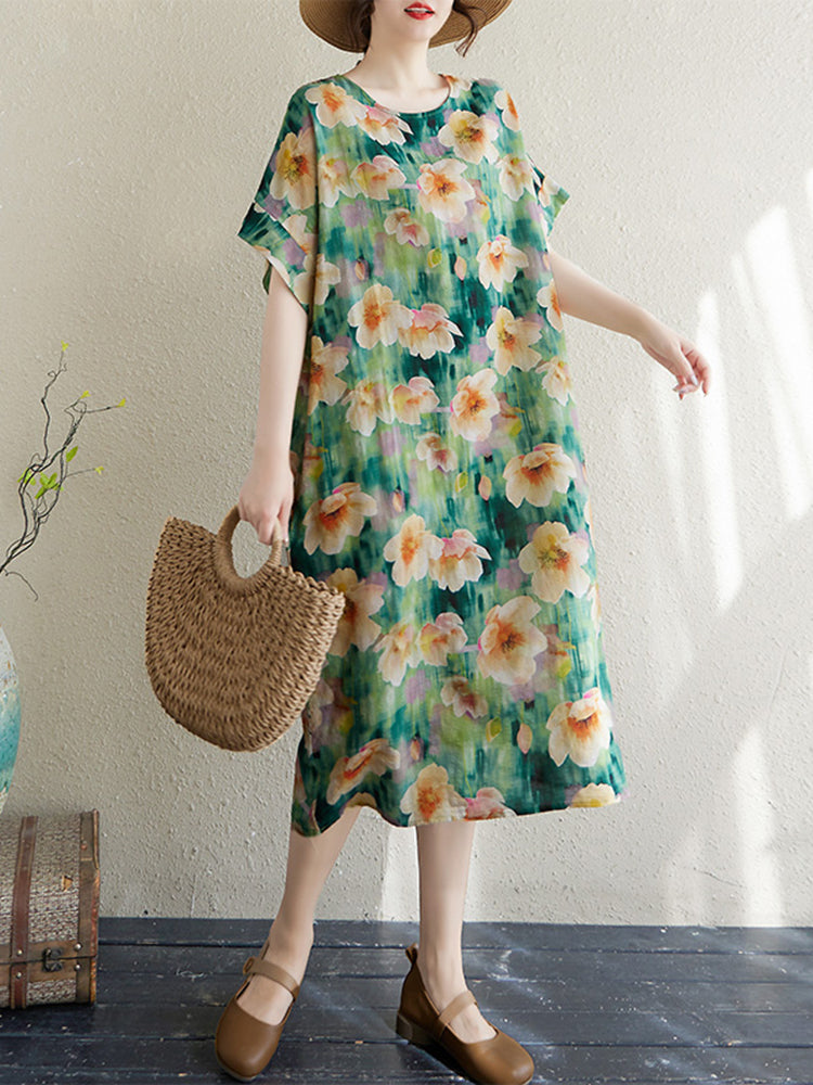 XITAO Print Floral Short Sleeve Dress Mid-calf A-line Loose Fitting Sweet O-neck Goddess Fan Summer Dress ZMY1114