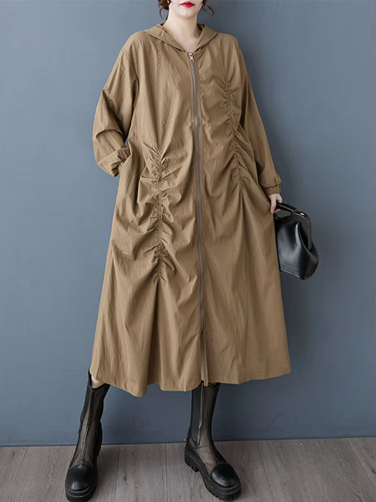 XITAO Zipper Hooded Pleated Dress Casual Full Sleeve Leisure Korea Literary Style Solid Color A-line Spring Women Dress ZY8936