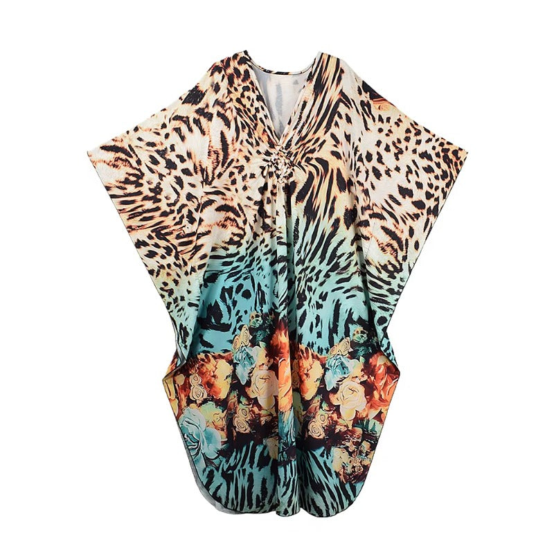 XITAO Leopard V-neck Vintage Dress Print Side Slit New Arrival Bat Wing Sleeve Loose Casual Pullover Summer Woman Dress GJ1179