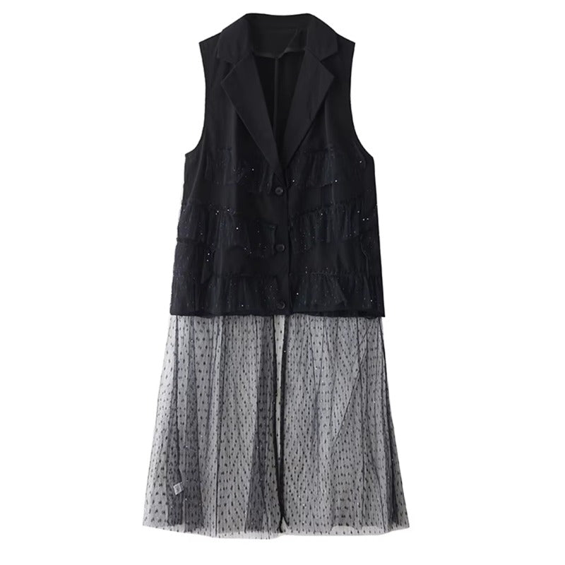 XITAO Gauze Patchwork Sequin Dress Sleeveless V-neck Loose Casual Single Breasted Solid Color Mesh Summer Woman Dress ZMY1320