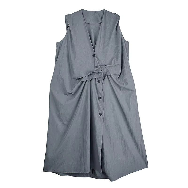 XITAO Solid Color Sleeveless Vintage Dress V-neck Irregular Single Breasted Loose Casual New Arrival Summer Woman Dress ZMY1384