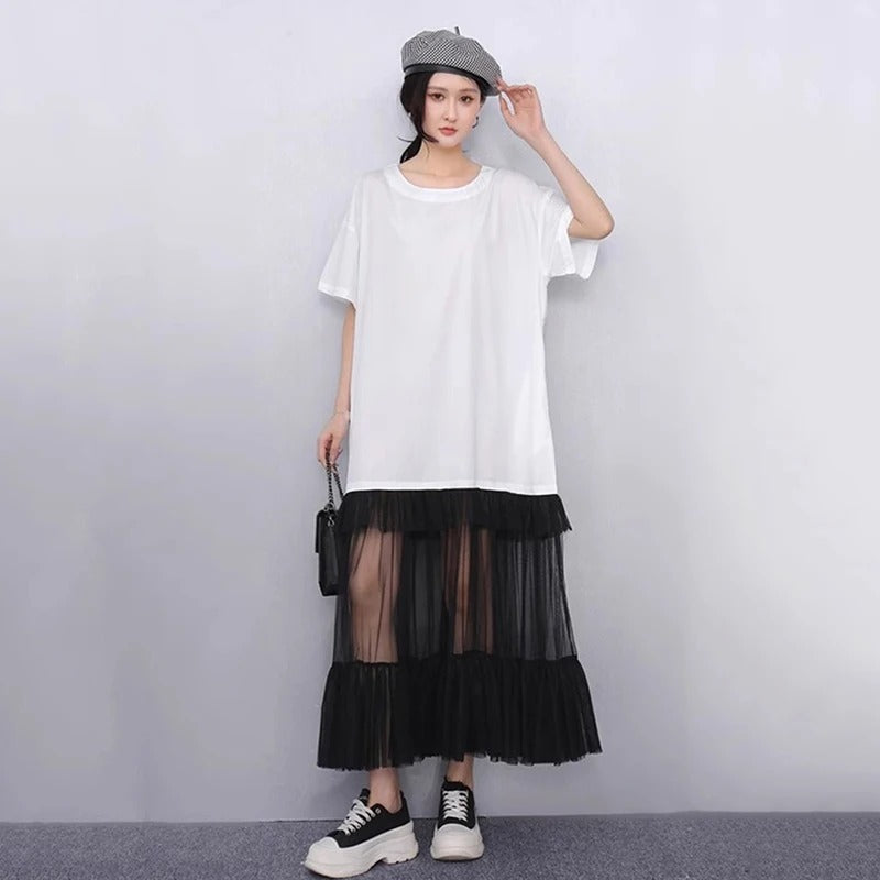 XITAO Gauze Patchwork Loose Female Dress O-neck Short Sleeve Casual Simple Slimming Temperament Summer Woman Dress HQQ2496