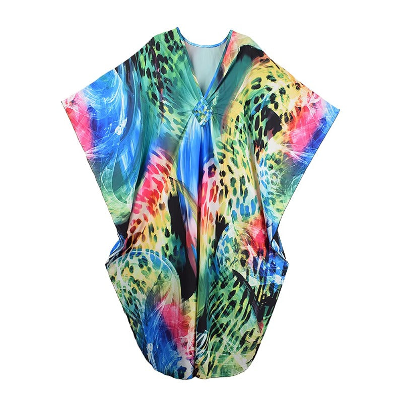 XITAO Female Contrast Color Female Dress Leopard Print V-neck Bat Wing Sleeve Vintage Personality Summer Woman Dress GJ1181