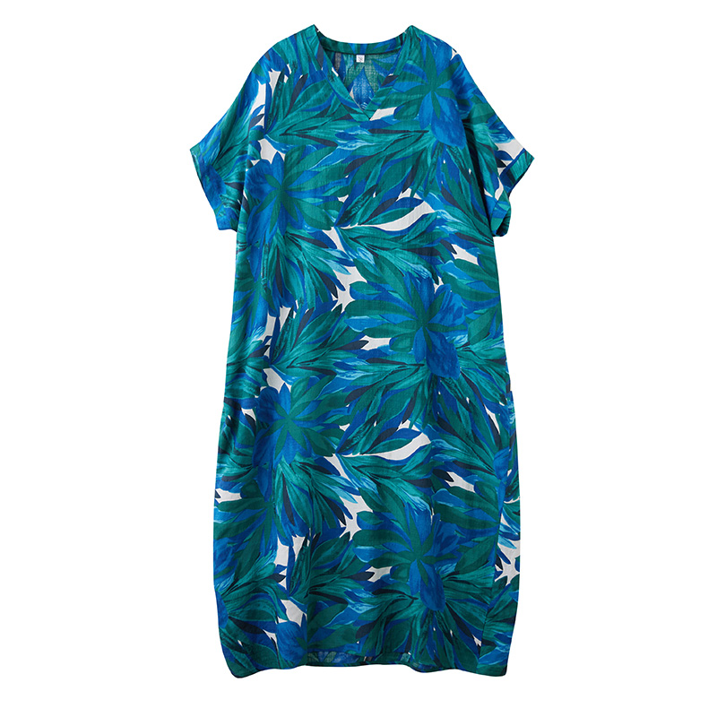 XITAO Print V-neck Dress Simple Casual Loose A-line Long Style Pullover Elegant Summer Female Dress ZMY1122