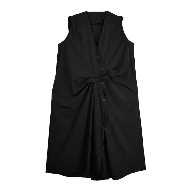 XITAO Solid Color Sleeveless Vintage Dress V-neck Irregular Single Breasted Loose Casual New Arrival Summer Woman Dress ZMY1384