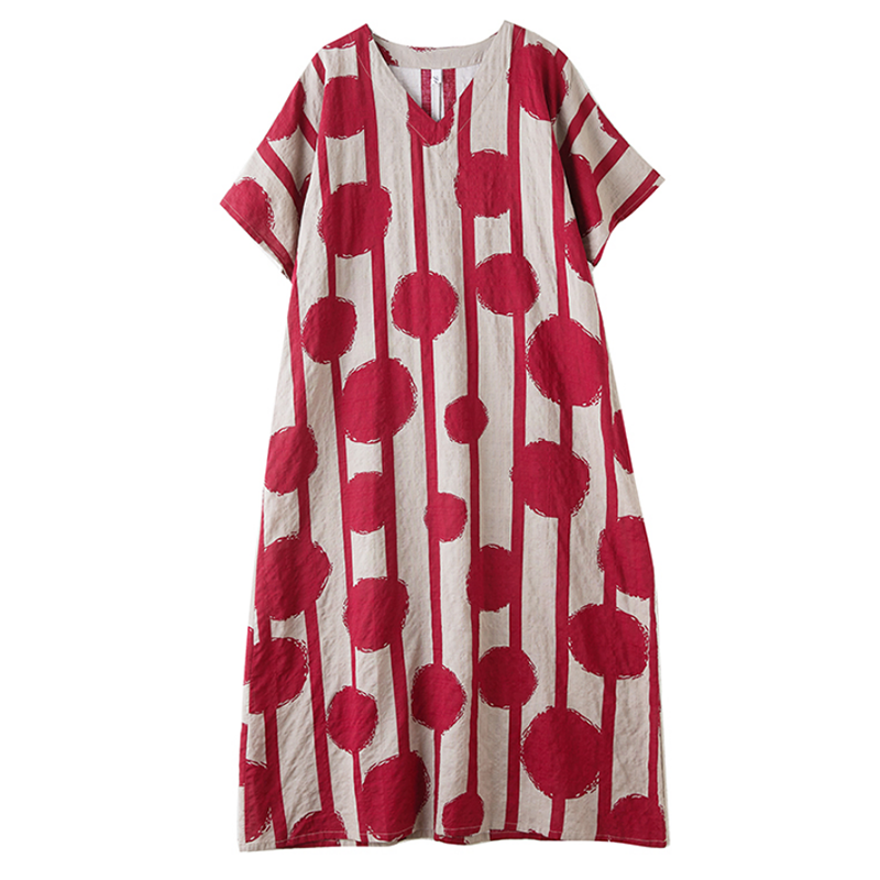XITAO Dot Print Striped Contrast Color Dress V-neck Pullover Short Sleeve Ankle-Length Loose Casual Slimming Dress ZMY1086
