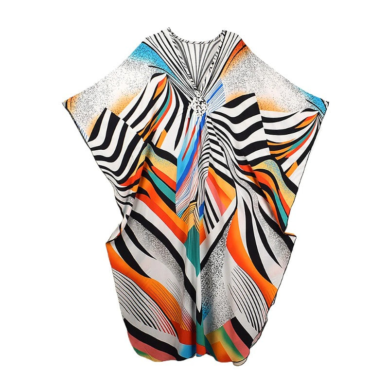 XITAO Batwing Sleeve Print Striped Dress Ankle-length Pullover V-neck Side Slit Slimming Summer Woman Loose Fashion Dress GJ1185