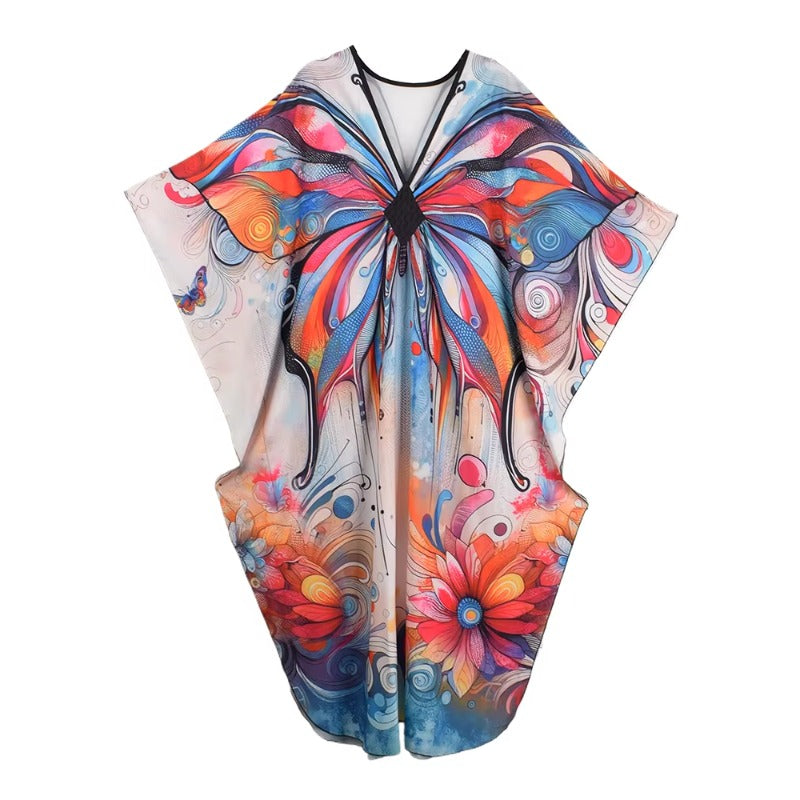 XITAO V-neck Ankle-length Dress New Arrival Contrast Color Butterfly Print Side Slit Bat Wing Sleeve Summer Woman Dress GJ1169
