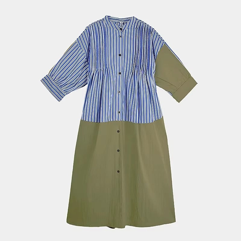 XITAO Loose Stripe Patchwork Female Dress Casual A-line Stand Collar Women Summer Temperament Single Breasted Dress ZMY1390