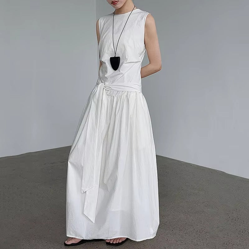 XITAO Drawstring Pleated Loose Dress O-neck Temperament Sleeveless Solid Color Simple Slim All-match Summer Woman Dress ZMY1289