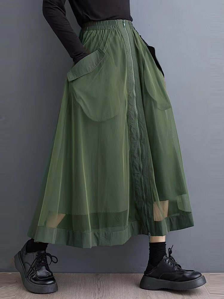 XITAO Gauze Patchwork Zipper Pockets Skirts Elastic Waist Solid Color Loose Mid-calf All Match Skirts 2024 Autumn New HJF5086
