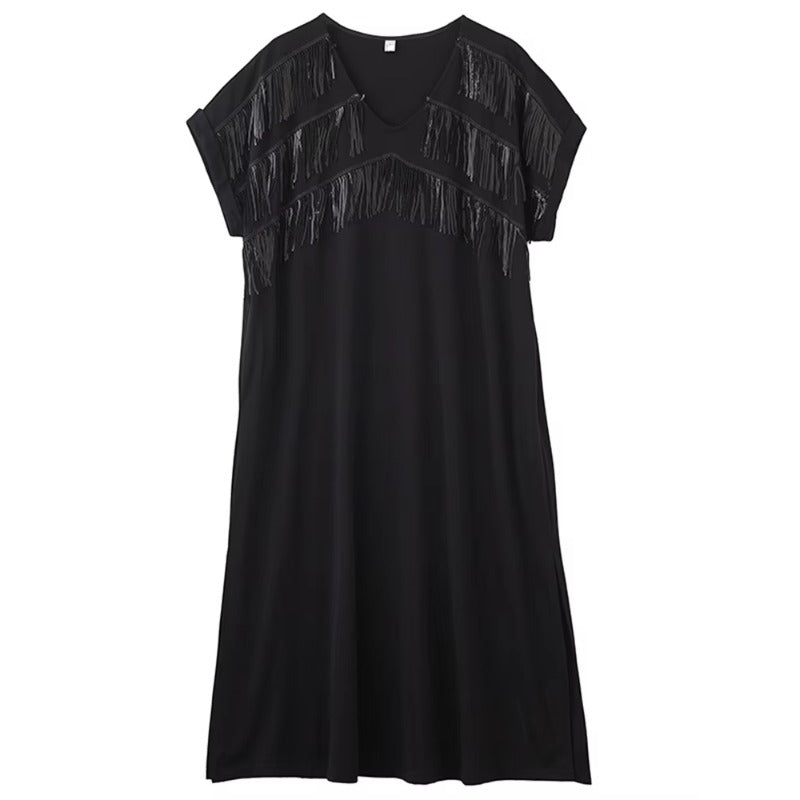 XITAO Tassel Patchwork V-neck Pullover Dress Solid Color Short Sleeve Pocket Side Split Temperament Slimming Women Dress ZMY1350