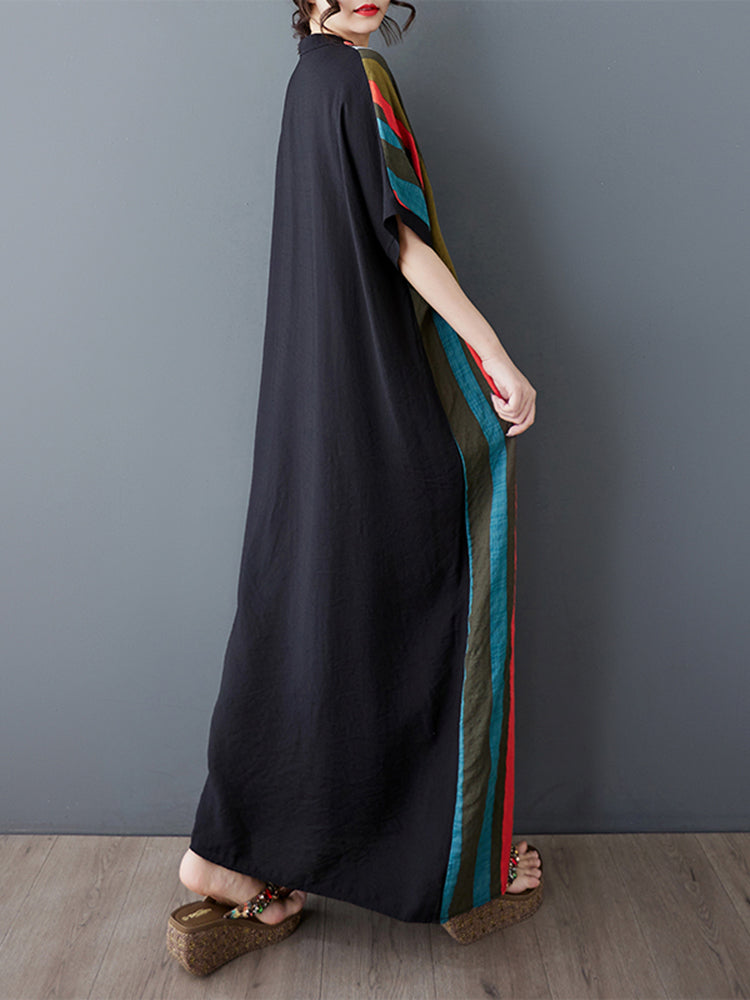 XITAO Stripe Patchwork V-neck Dress Half Sleeve A-line Asymmetrical Casual Loose Fitting Simple Women Dress ZMY1118