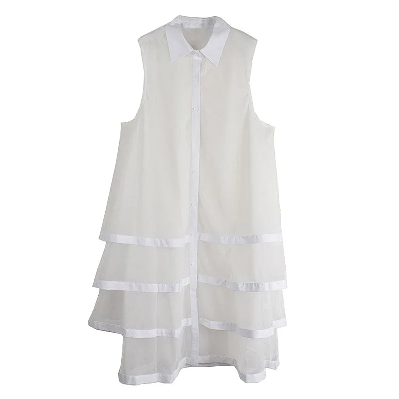 XITAO Patchwork Mesh Turn-down Collar Dress Casual A-line Sleeveless Fashion All Match Single Breasted Women Dress GYX1659