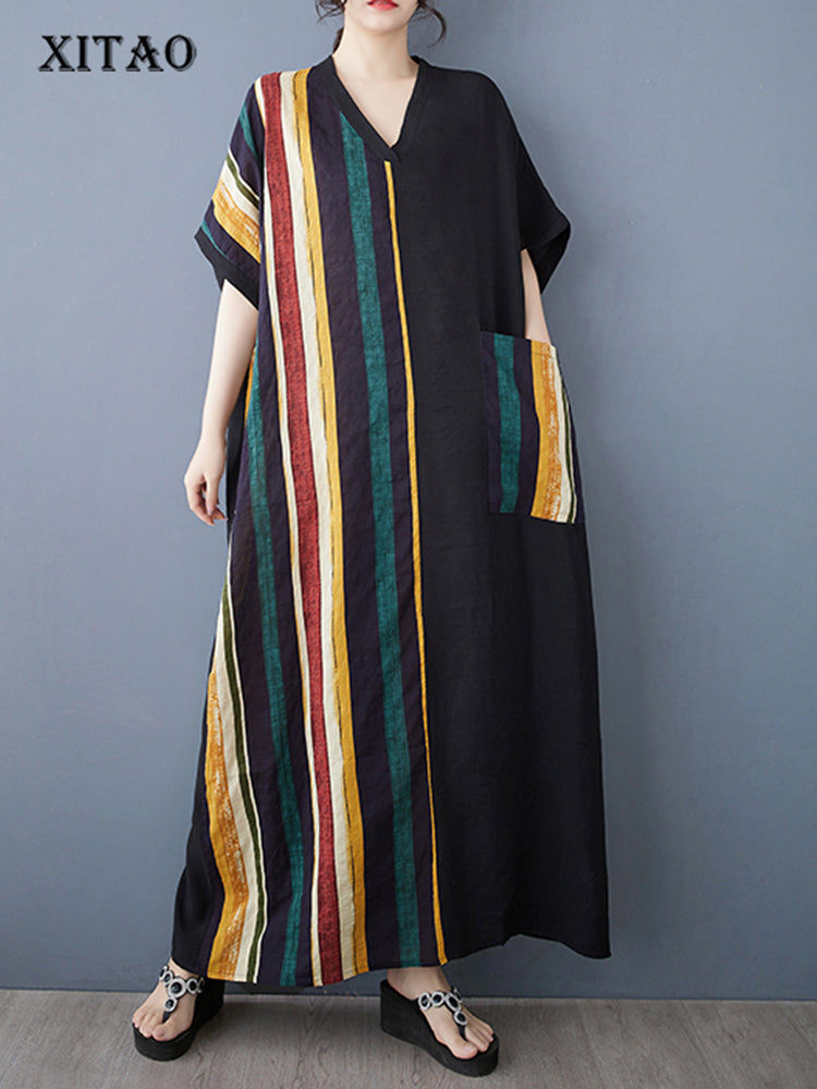 XITAO Stripe Patchwork Contrast Color Dress Print Pocket A-line Half Sleeve Slimming Women Loose Elegant Dress ZMY1030