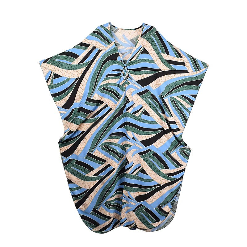XITAO Beach Asymmetrical Print V-neck Dress Contrast Color Pullover Loose A-line Slimming Summer Woman Ankle-length Dress GJ1173