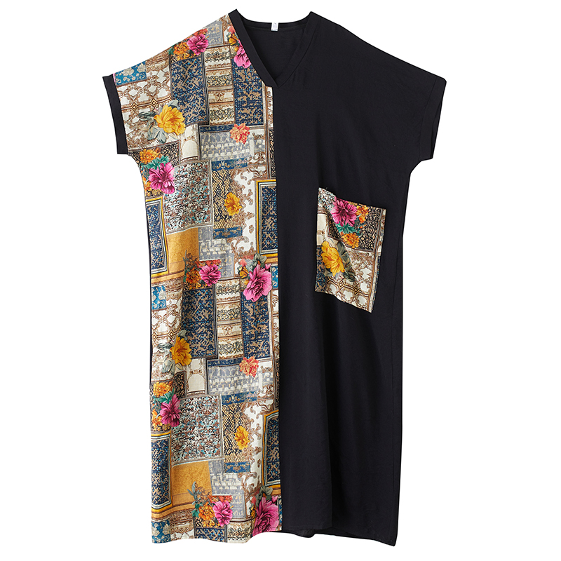 XITAO Asymmetrical Print Patchwork Pocket Dress V-neck Loose Fitting Half Sleeve A-line Summer Women Dress ZMY1117