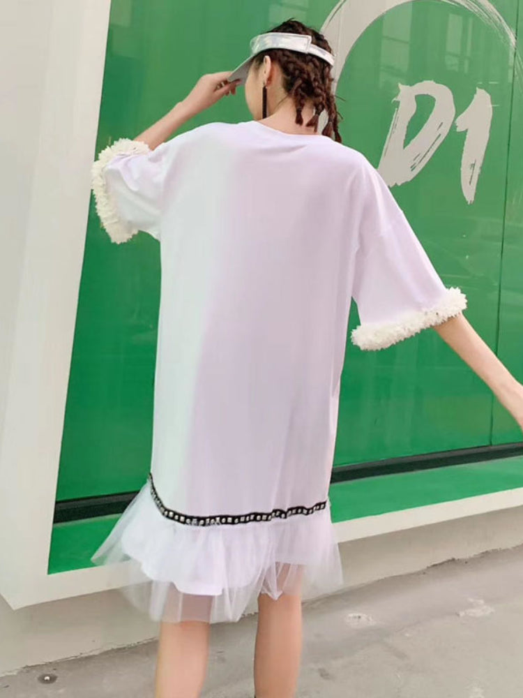 XITAO Tide Patchwork Mesh Rivet Elegant Dress Women Clothes Summer New Fashion Loose Pullover Short Sleeve Dresses DMY4123