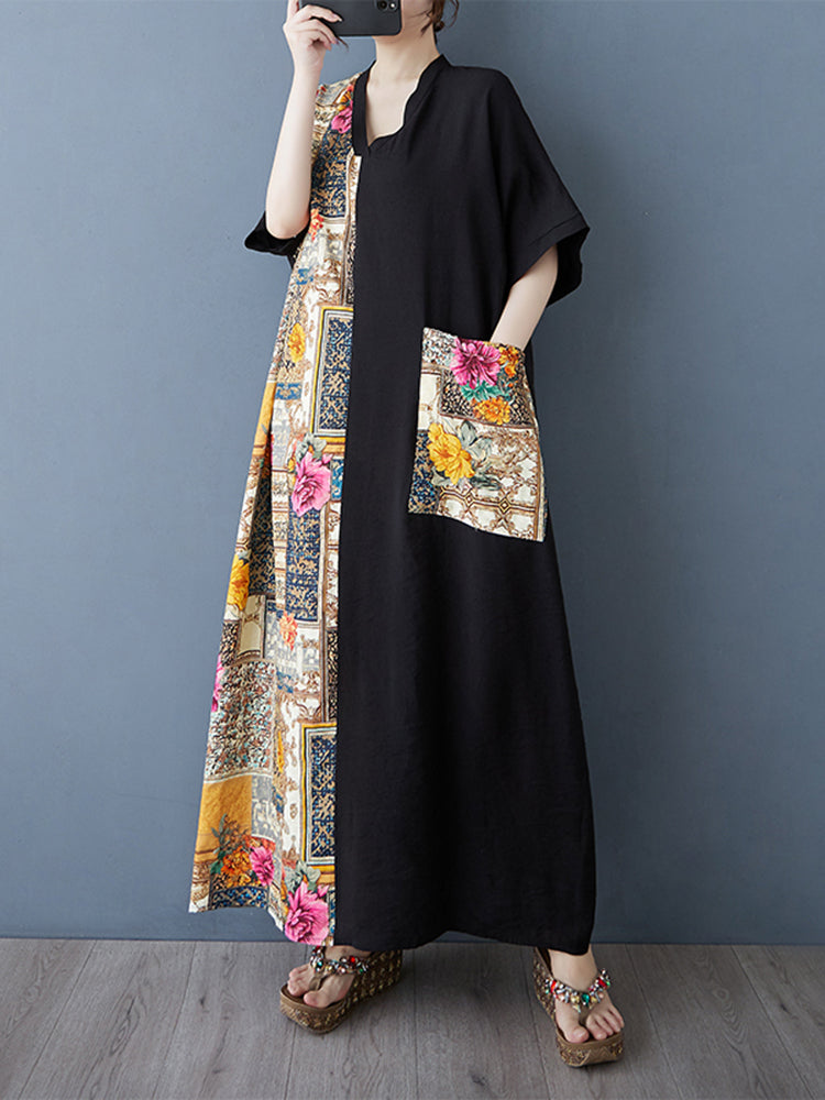 XITAO Asymmetrical Print Patchwork Pocket Dress V-neck Loose Fitting Half Sleeve A-line Summer Women Dress ZMY1117