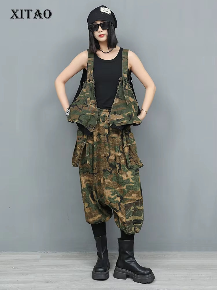 XITAO Pocket Patchwork Denim Sets Sleeveless V-neck Elastic Waist Loose Casual Two-piece Personality Summer Woman Sets GYX1665