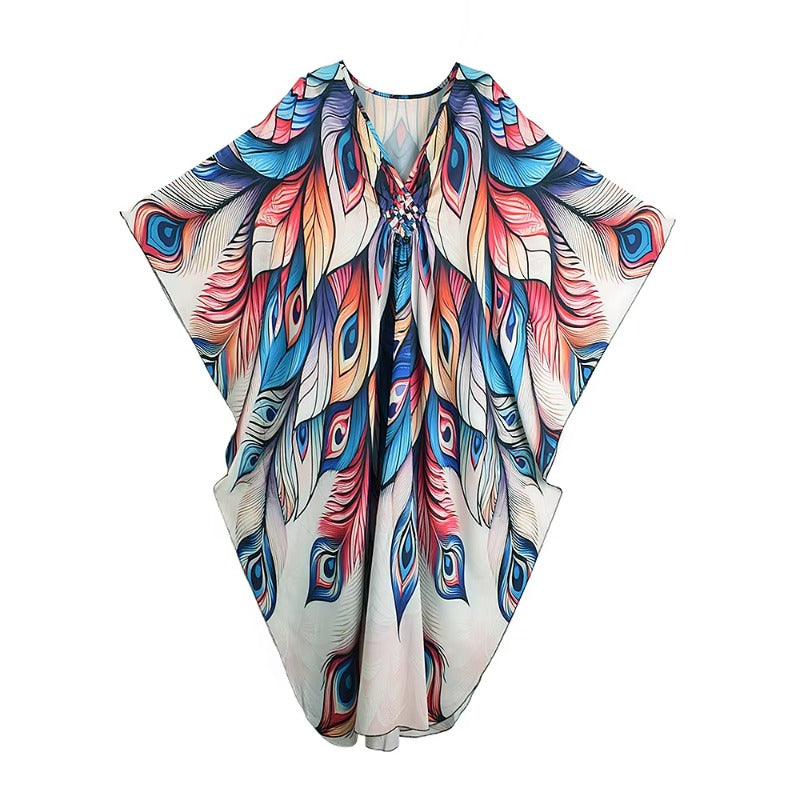 XITAO Bat Wing Sleeve Loose V-neck Dress Peacock Print Pullover Contrast Color Vintage Slimming Summer Woman Dress GJ1156