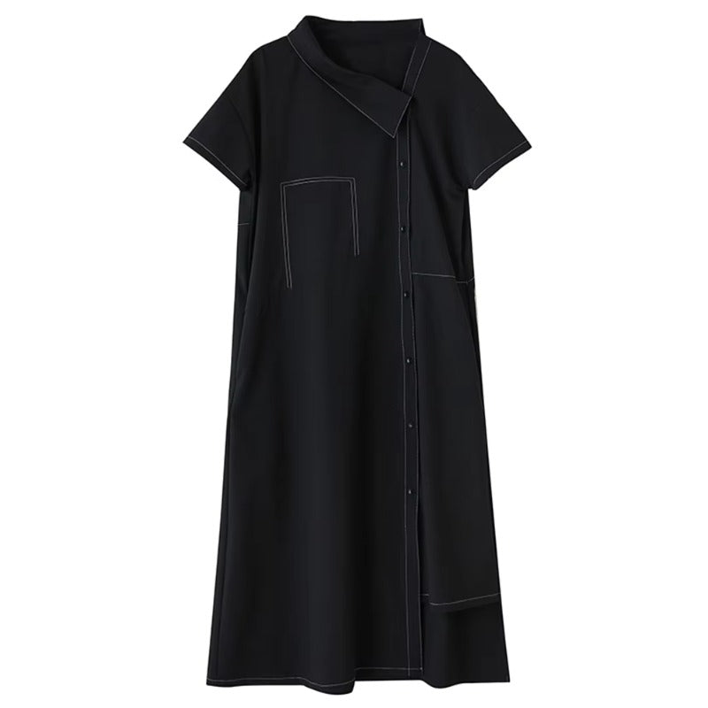 XITAO Solid Color Asymmetrical Vintage Dress Short Sleeve Single Breasted Personality Loose Slimming Summer Woman Dress ZMY1316