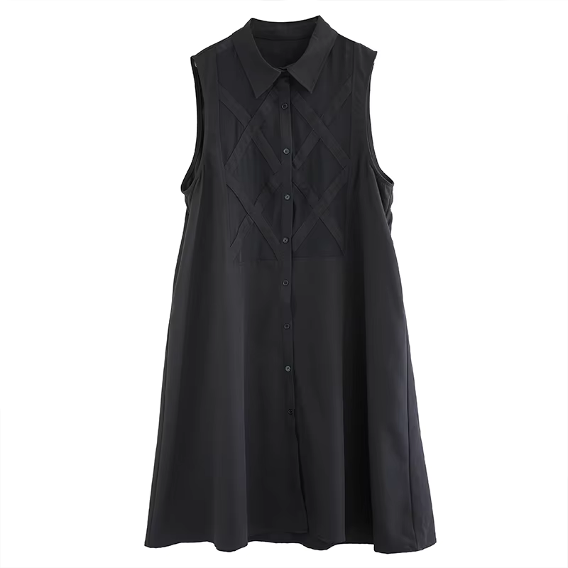 XITAO Mesh Perspective Sleeveless Dress Single Breasted Patchwork Turn-down Collar Loose Mid-calf A-line Casual Dress GYX1528