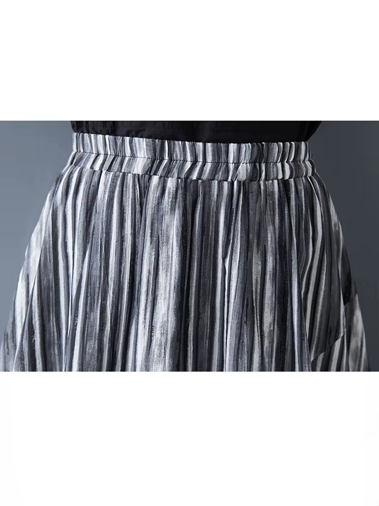 XITAO Stripe Elastic Waist A-line Skirt Casual Mid-calf Solid Color Personality Simple Vintage Summer Women Skirt GYX1646