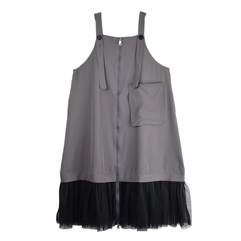 XITAO Gauze Patchwork Pocket Dress Solid Color Square Collar Sleeveless Loose Casual Slimming Summer Woman Straps Dress ZMY1313