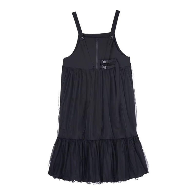 XITAO Button Gauze Patchwork Dress Solid Color Spaghetti Strap Square Collar Temperament Slimming Summer Woman Dress HQQ2495