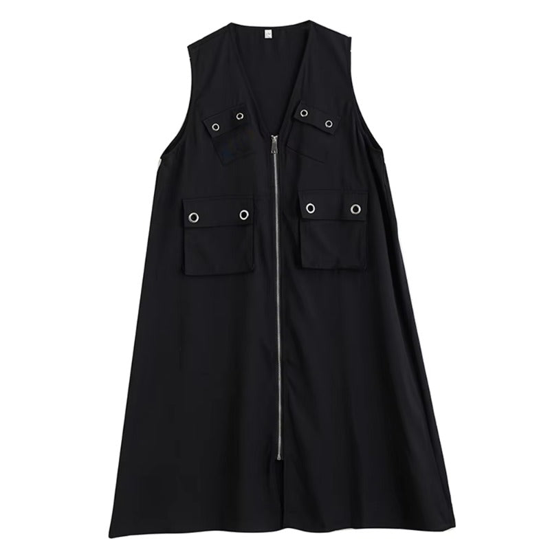 XITAO Zipper Pocket V-neck Dress Sleeveless Casual Solid Color Patchwork Temperament Slimming Summer Woman Dress ZMY1311