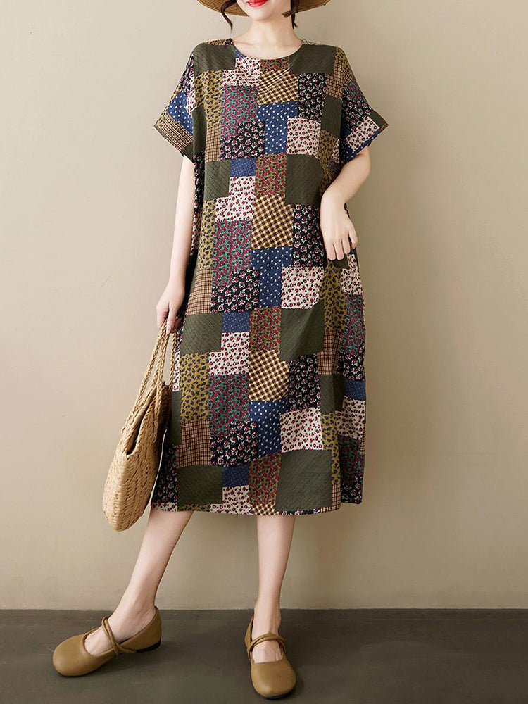 XITAO Geometric Print O-neck Dress Loose Fitting A-line Casual Personality Short Sleeve Summer Female Dress ZMY1129