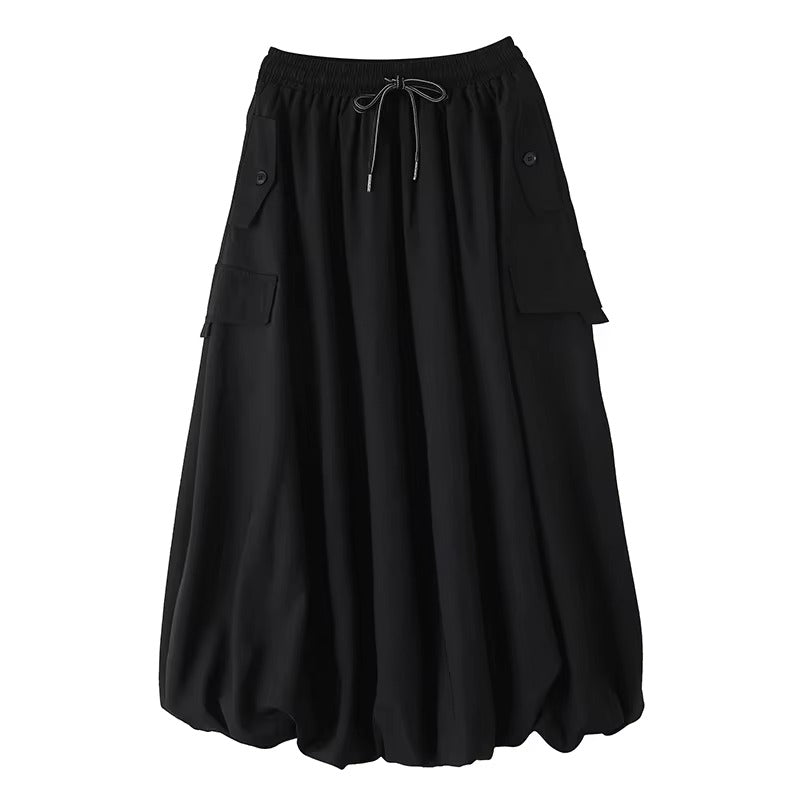 XITAO Pocket Pleated Drawstring Skirts Solid Color Button A-line Loose Casual Personality Slimming Summer Woman Skirts ZMY1301