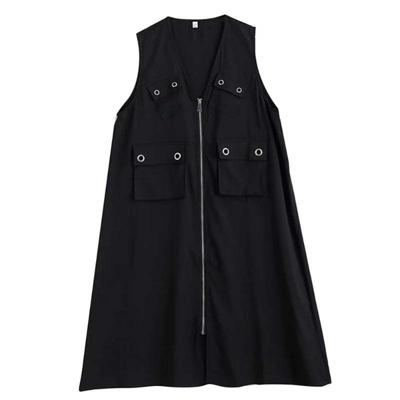XITAO Pocket Zipper Sleeveless Dress Casual All Match Personality Fashion Black Series Summer Slimming Female Dress ZMY1327