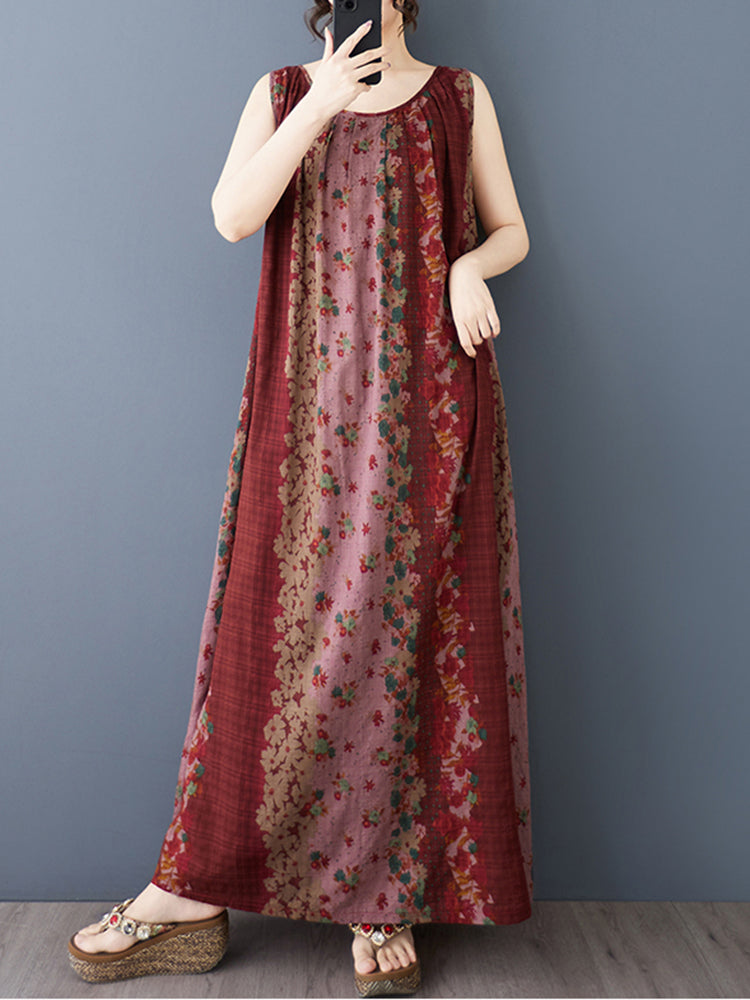 XITAO Print Contrast Color Dress Casual Loose A-line O-neck Sleeveless Long Style Comfortable Fitting Summer Women Dress ZMY1092