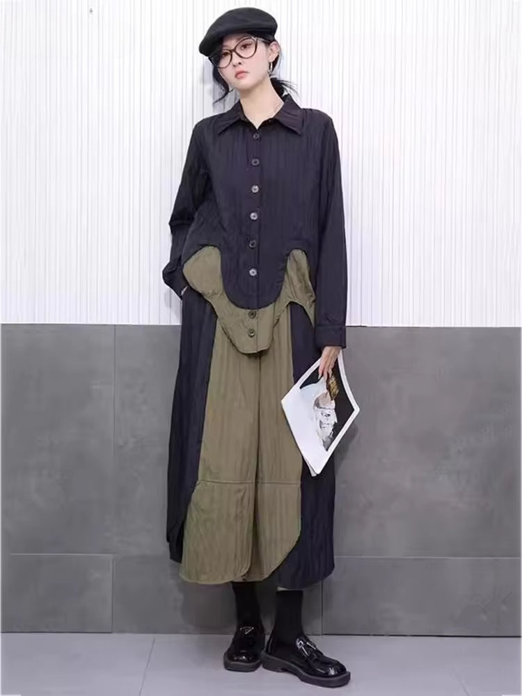XITAO Patchwork Single Breasted Women Set Casual Turn-down Collar Full Sleeve Vintage Elegant A-line Spring Female Set GYX1537