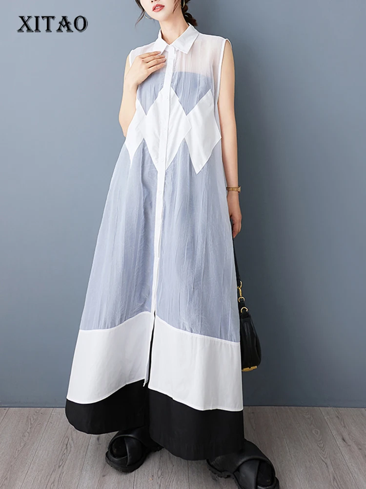 XITAO Rhombus Gauze Patchwork Sleeveless Dress Solid Color Turn-down Collar Single Breasted Loose Perspective Dress ZY8941