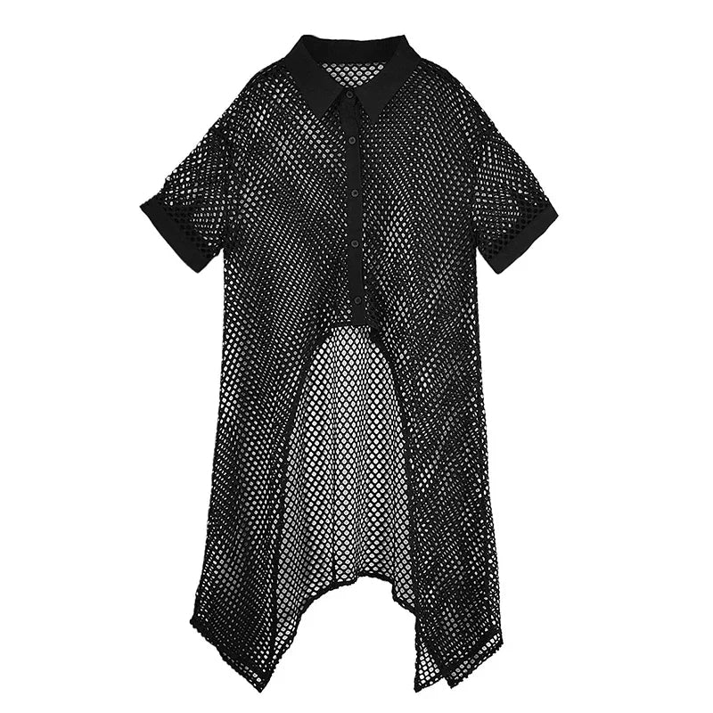 XITAO Hollow Out Mesh Irregular Short Sleeve Dress Loose Fitting Solid Color Single Breasted Lapel Summer Female Dress GYX1660