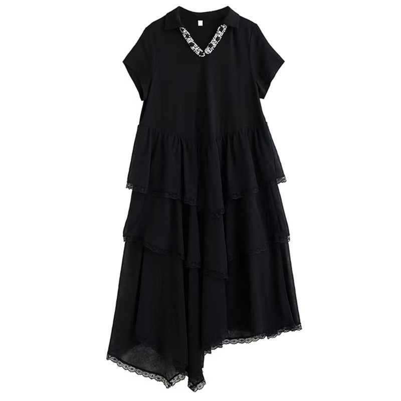 XITAO Asymmetrical Lace Patchwork Dress Embroidered Flares V-neck Short Sleeve Temperament Elegant Summer Woman Dress ZMY1317
