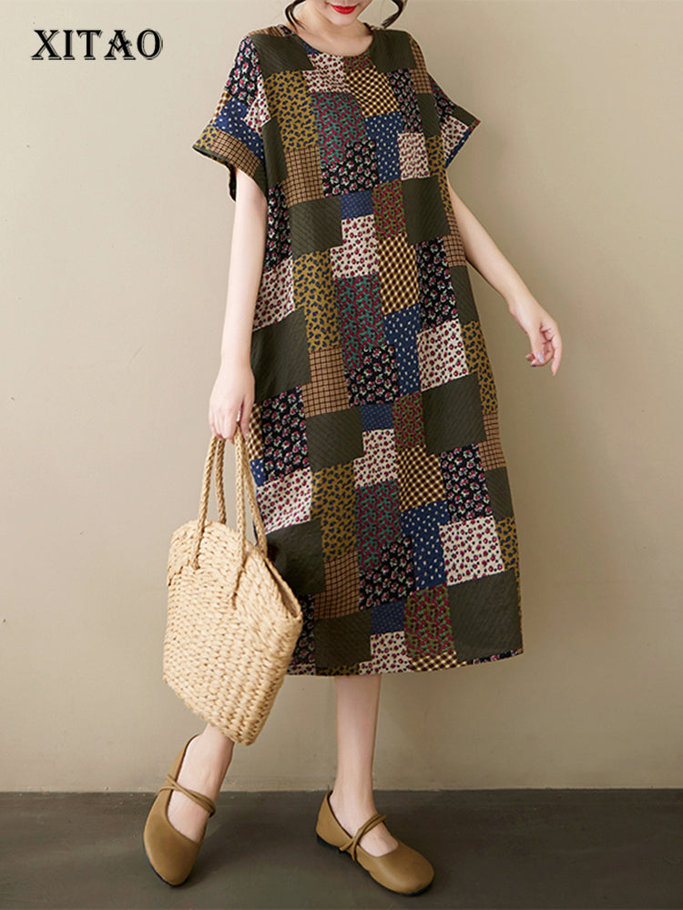 XITAO Geometric Print O-neck Dress Loose Fitting A-line Casual Personality Short Sleeve Summer Female Dress ZMY1129