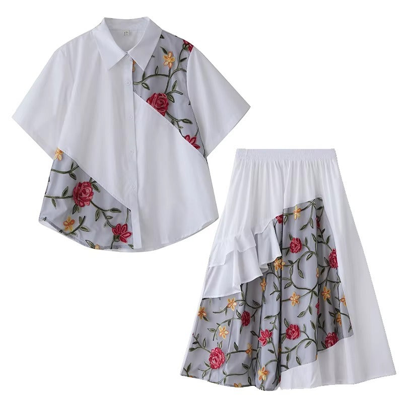 XITAO Embroidery Patchwork Gauze Sets Turn-down Collar Short Sleeve Two-piece Elastic Waist A-line Summer Dress Sets ZMY1389
