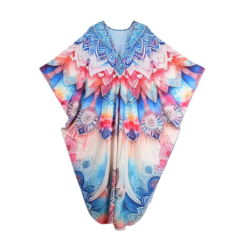 XITAO Bat Wing Sleeve Side Slit Dress Loose Print Casual V-neck Wrist Sleeve Vintage Fashion Slimming Summer Woman Dress GJ1157