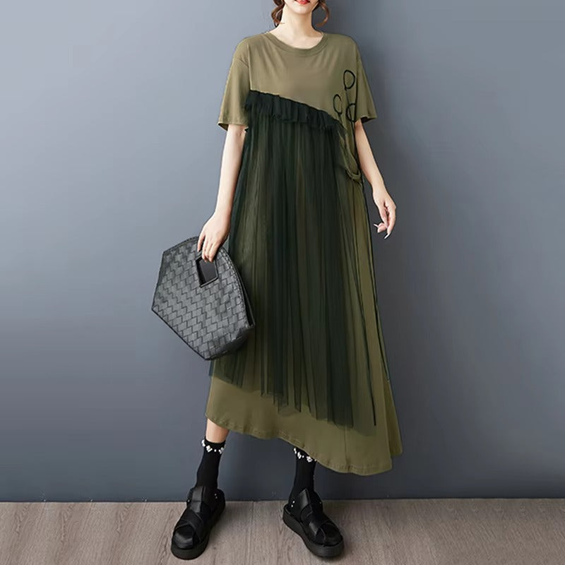 XITAO Gauze Patchwork Loose Female Dress Short Sleeve Pullover Irregular Casual Temperament Slimming Summer Woman Dress ZMY1359