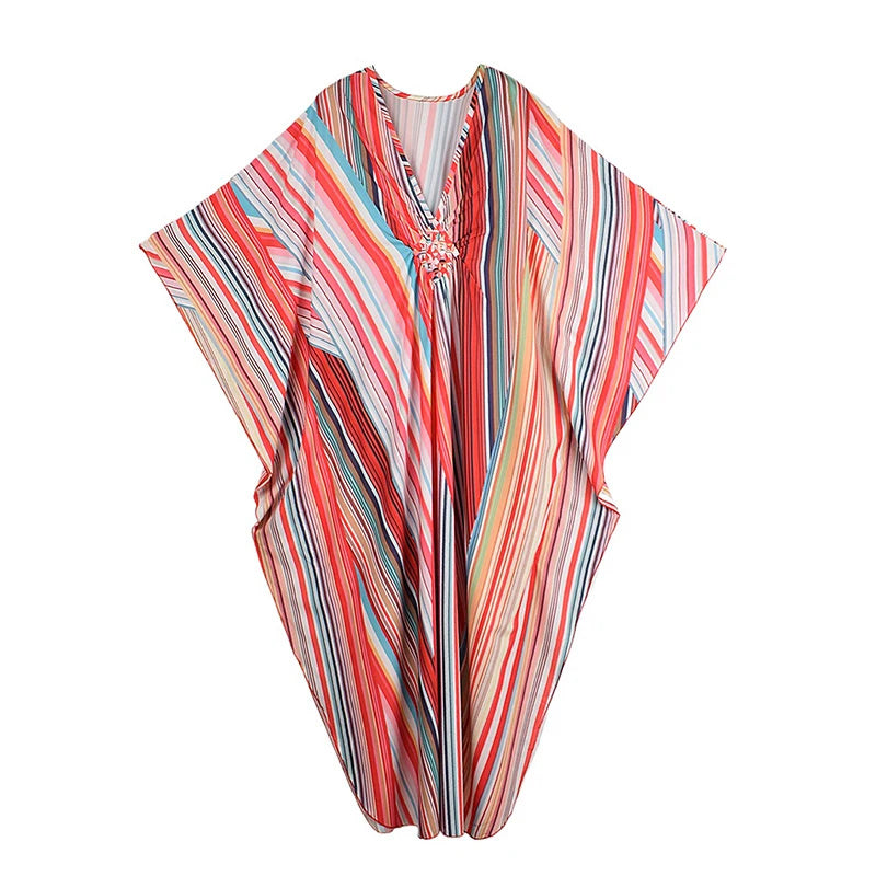 XITAO Print Contrast Color Dress Casual A-line Pullover Fashion V-neck Long Style New Batwing Sleeve Summer Women Dress GJ1149