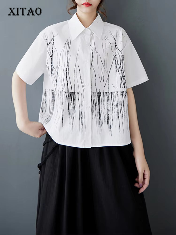 XITAO Single Breasted Print Lapel Shirt Casual Half Sleeve Turn-down Collar Vintage Solid Color Slimming Women Blouse GYX1532