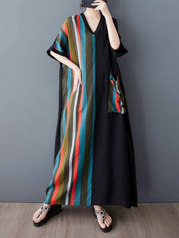 XITAO Stripe Patchwork V-neck Dress Half Sleeve A-line Asymmetrical Casual Loose Fitting Simple Women Dress ZMY1118